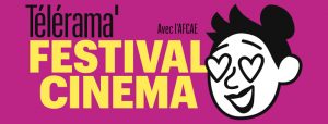 Bannière du festival, sur un fond vif un personnage sourit avec des cœurs à la place des yeux.